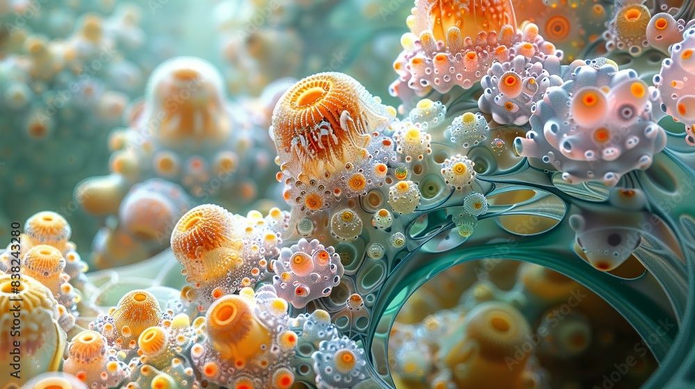 Microscopic alien life forms, resembling intricate and colorful single ...