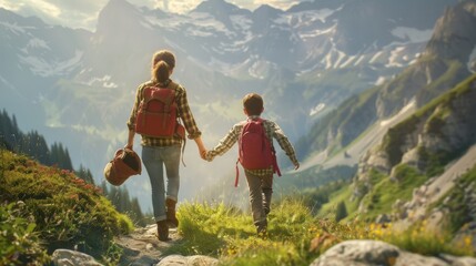 Adventurous mom and son hiking in the mountains,  exploring natures wonders hand in hand