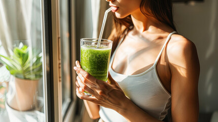 Wall Mural - Refreshing Green Juice Break Closeup Shot of Asian Woman Enjoying Healthy Drink in Bright Minimalist Kitchen