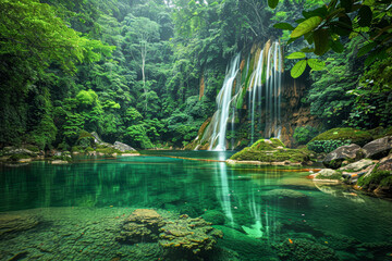 Poster - Serene Hidden Waterfall in Lush Forest Stunning Nature Scene with Clear Pool and Cascading Water