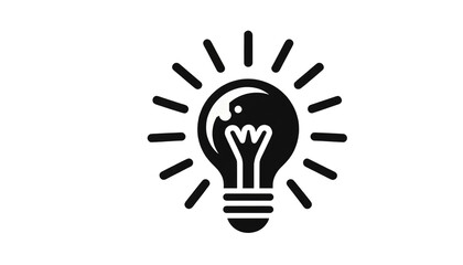 A black and white light bulb icon with rays coming out, on a transparent background