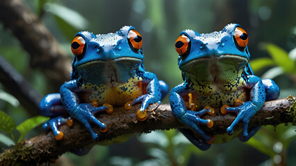 Wall Mural - wildlife of frogs perched on rocks and trees in the forest