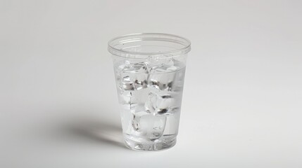 Clear plastic cup with refreshing iced water, topped with a lid, on a white background, studio lighting for advertising