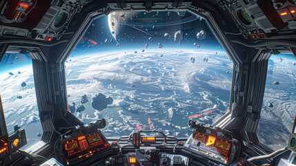 Wall Mural - futuristic space station orbiting alien planet with stunning observation decks and panoramic windows