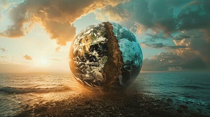 Wall Mural - a large, round planet is split in half, with one half in the ocean