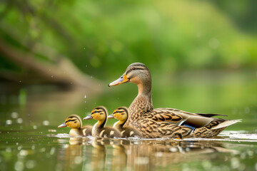 Wall Mural - A mother duck is leading her ducklings through the water