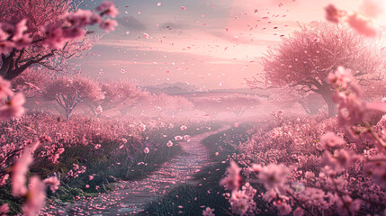 Poster - A beautiful pink field with cherry blossoms and a path