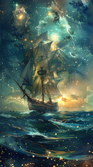 Wall Mural - A large ship sails through the ocean with a starry sky in the background