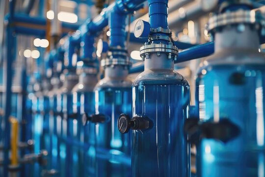 Row of blue water storage tanks in a industrial setting