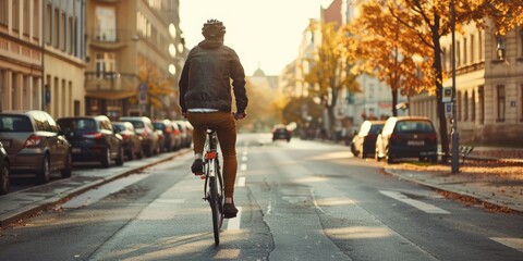 Wall Mural - A person rides a bicycle down a street with parked vehicles alongside, suitable for use in urban or transportation-related contexts