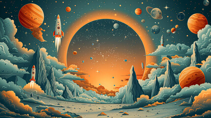 Wall Mural - a colorful space scene with a large orange sun in the center