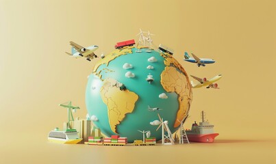 Wall Mural - A 3D rendering of an international cargo container transport concept in yellow tone with trucks, vans, and an air plane on the globe