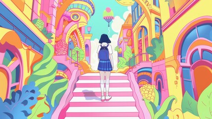 The adult dreams of transforming back into their childhood self, now wearing a school uniform. They stand in front of a whimsical, dreamlike school with floating steps and magical decorations.