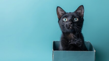 A black cat sits in a box against a light blue background, looking up with curiosity. Its green eyes are wide open, and its whiskers are twitching.