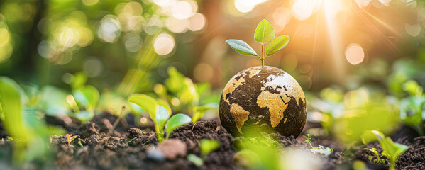 Canvas Print - A small plant is growing in the dirt next to a globe