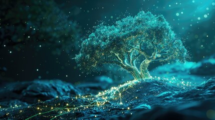 Graphic of a luminous tree with tech-inspired branches, highlighting the blend of technology and nature