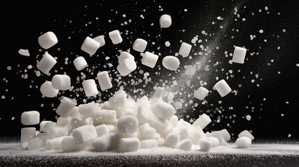 Wall Mural - white sugar cubes powder particles in motion air, on black background for overlay