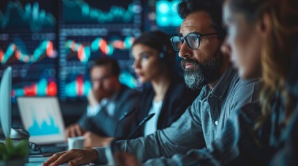 Wall Mural - A group of people are sitting at a table with a large monitor in front of them