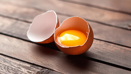 Broken brown chicken egg in half with yellow yolk inside the eggshell. Healthy farm product.