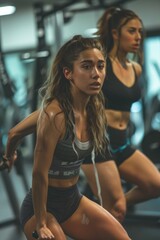 Wall Mural - Two women performing squats in a modern gym environment