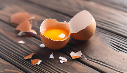 Broken brown chicken egg in half with yellow yolk inside the eggshell. Healthy farm product.