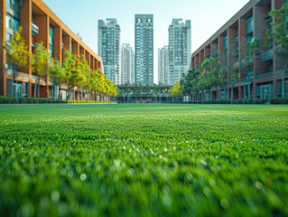 Poster - A large green field with a city in the background