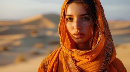 A woman wearing an orange scarf stands alone in the desert, offering a glimpse of adventure and solitude