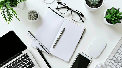 Minimalist workspace featuring a computer, smartphone, notebook, and pen, ideal for productivity and focus