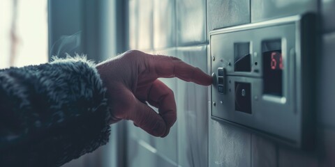 Wall Mural - A person's hand is pressed against a wall-mounted button, possibly controlling a device or opening a door