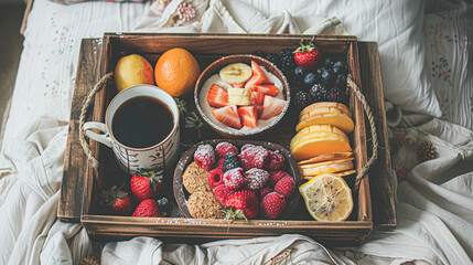 Wall Mural - A tray of fruit and a mug of coffee