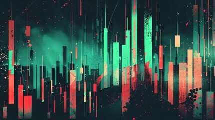Wall Mural - A digital illustration of a stock market candlestick chart with green and red candles, indicating market volatility