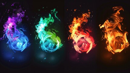 Poster - Four different colored flames, with orange, yellow, green and blue hues