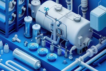 Canvas Print - A collection of pipes and valves on a bright blue surface, ideal for use in industrial or technical illustrations
