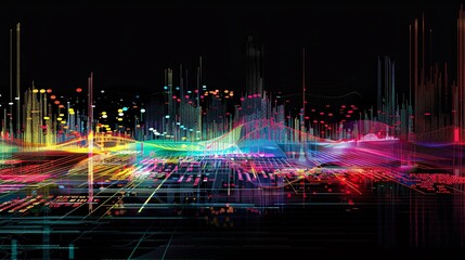 Wall Mural - An abstract image of stock market data visualized through colorful bars and lines on a black background