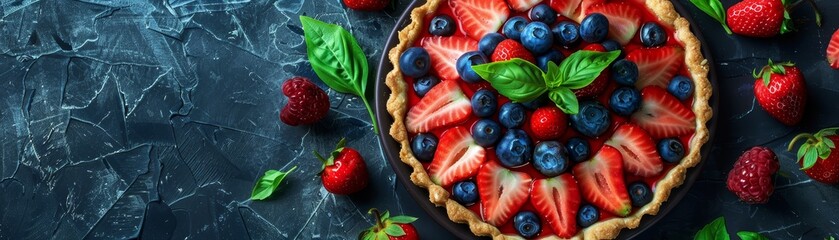 Wall Mural - A delectable freshly baked tart adorned with vibrant strawberries, blueberries