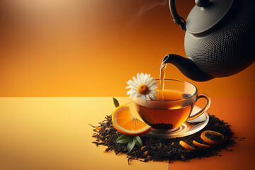 Serene tea pouring scene featuring black teapot and clear teacup on tea leaves, garnished with daisy flower and orange slice.