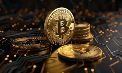 Bitcoins on a circuit board with golden gold. 3d illustration.