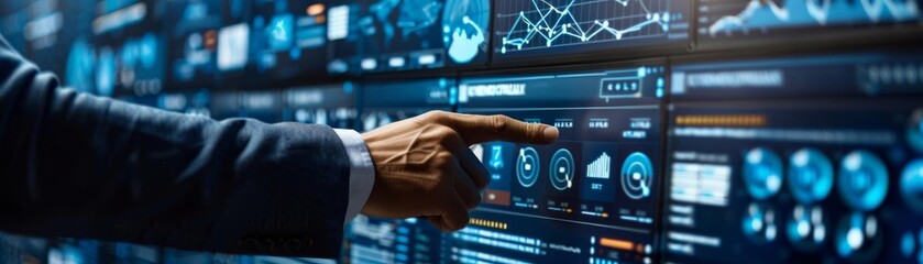 Business strategist in a network control center touching a virtual screen to implement AIdriven security solutions