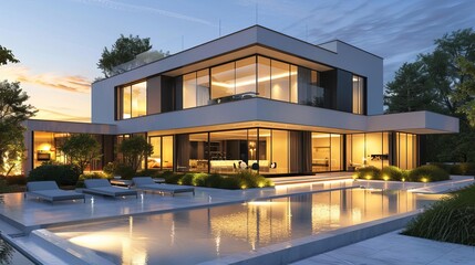luxurious modern villa illuminated at sunset with glowing interior and exterior 3d rendering