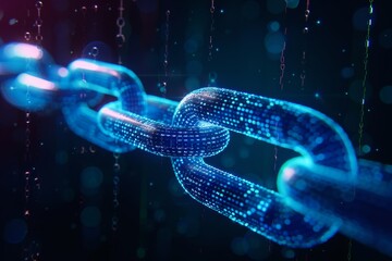 Digital block chain concept. Cryptocurrency concept, digital code. Three-dimensional illustration with a low polygonal grid of triangles glowing in a blue dot network.