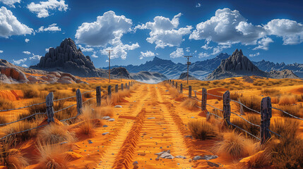 Canvas Print - A scenic desert landscape with a dirt road flanked by wooden fences and power lines, leading towards distant mountains under a partly cloudy sky.