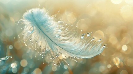 Beautiful wallpapers textures and backgrounds,feather of a bird on a colored background, close-up,feather with rain drops - beautiful macro photograph
