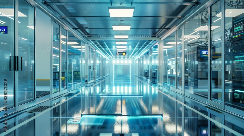 Hightech cleanroom with overhead wafer transfer system in semiconductor production facility