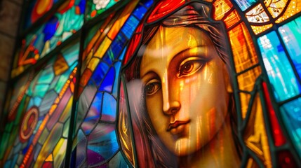 Wall Mural - Colorful stained glass window with the image of the Virgin Mary.