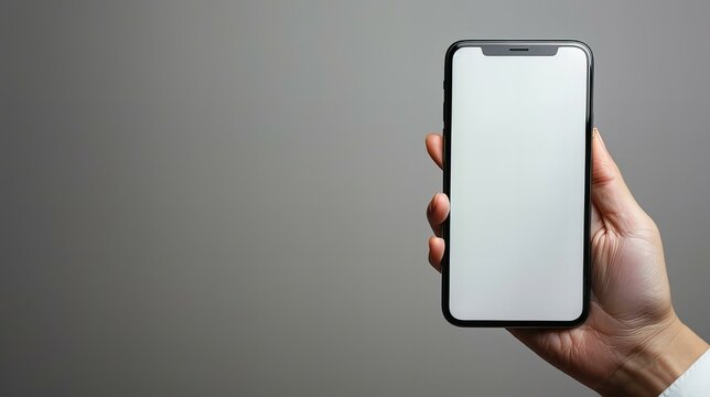 A minimalist image showing hands holding a smartphone with a blank screen against a blue background. This clean and simple composition highlights modern technology and potential customization