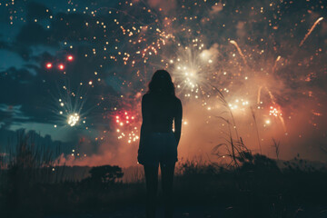 A woman stands in a field of fireworks, looking up at the sky