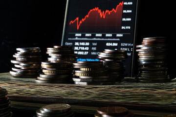 Wall Mural - View of the coin stack on the banknote pile