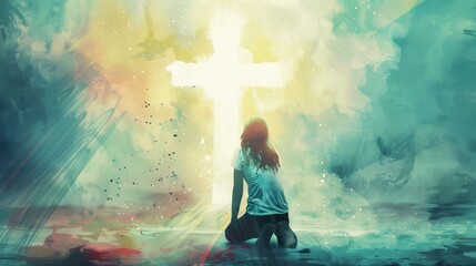 Wall Mural - A young woman kneeling and looking at a cross with rays of light watercolor painting