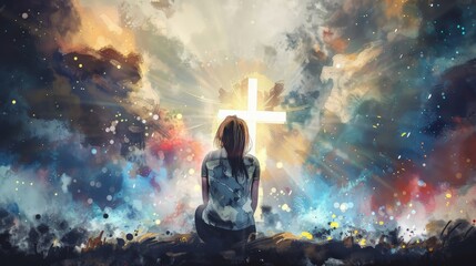 Wall Mural - A young woman kneeling and looking at a cross with rays of light watercolor painting