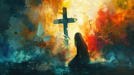 Wall Mural - A young woman kneeling and looking at a cross with rays of light watercolor painting